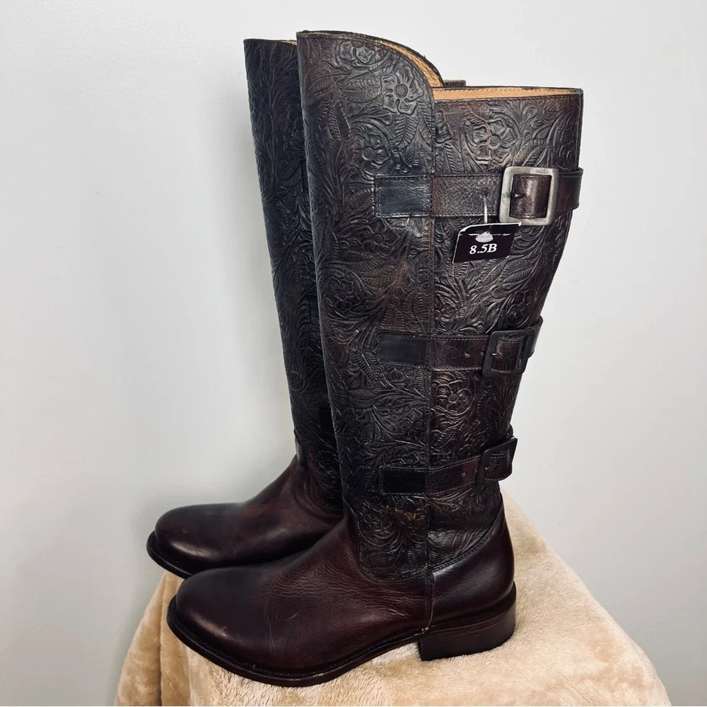 J.B. Dillon Maddie Tall Embossed Leather Harness Boots Brown Women’s 8.5B